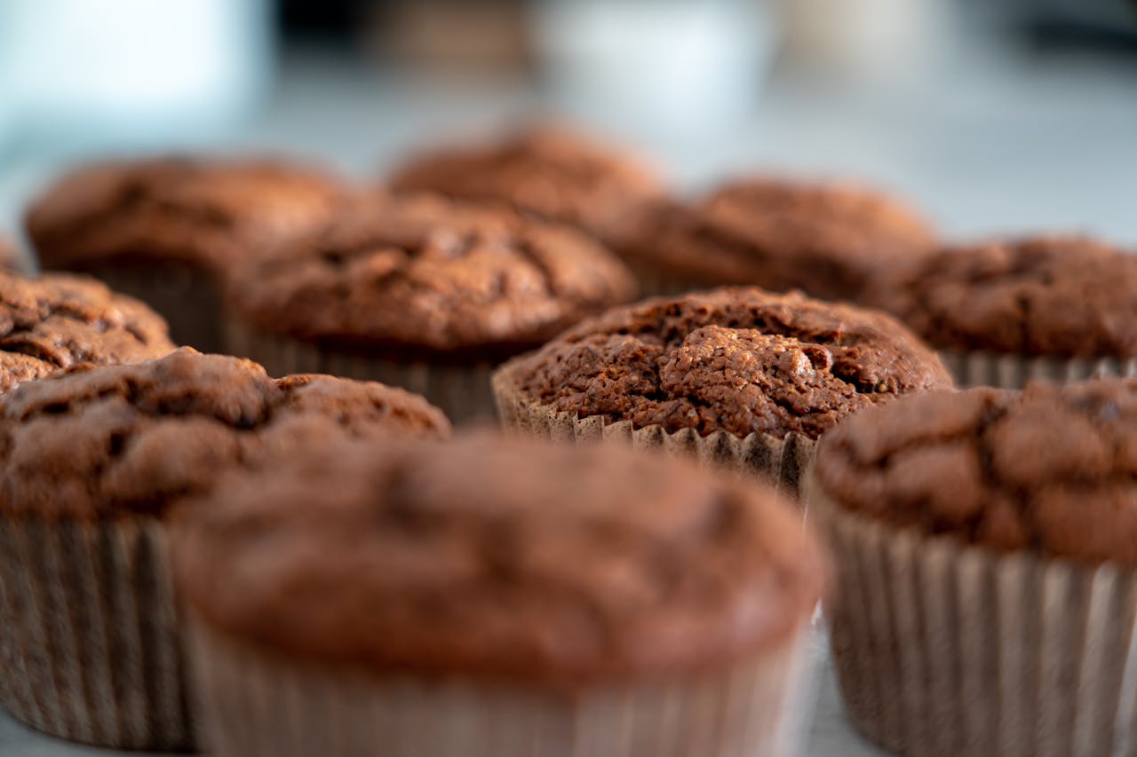 Close-up of homemade chocolate muffins, perfect for a sweet indulgence.